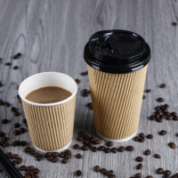 ขายส่ง แก้วกระดาษลูกฟูกสีน้ำตาล kraft ripple wall paper cup 16oz พร้อมฝา : 1 ลัง