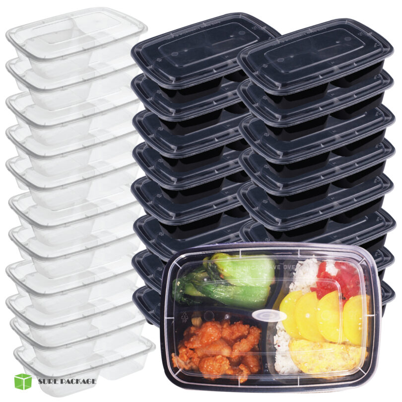 1000 ml แบบ 3 ช่องฝาเรียบ ทรงโค้ง-01 กล่องข้าวพลาสติก