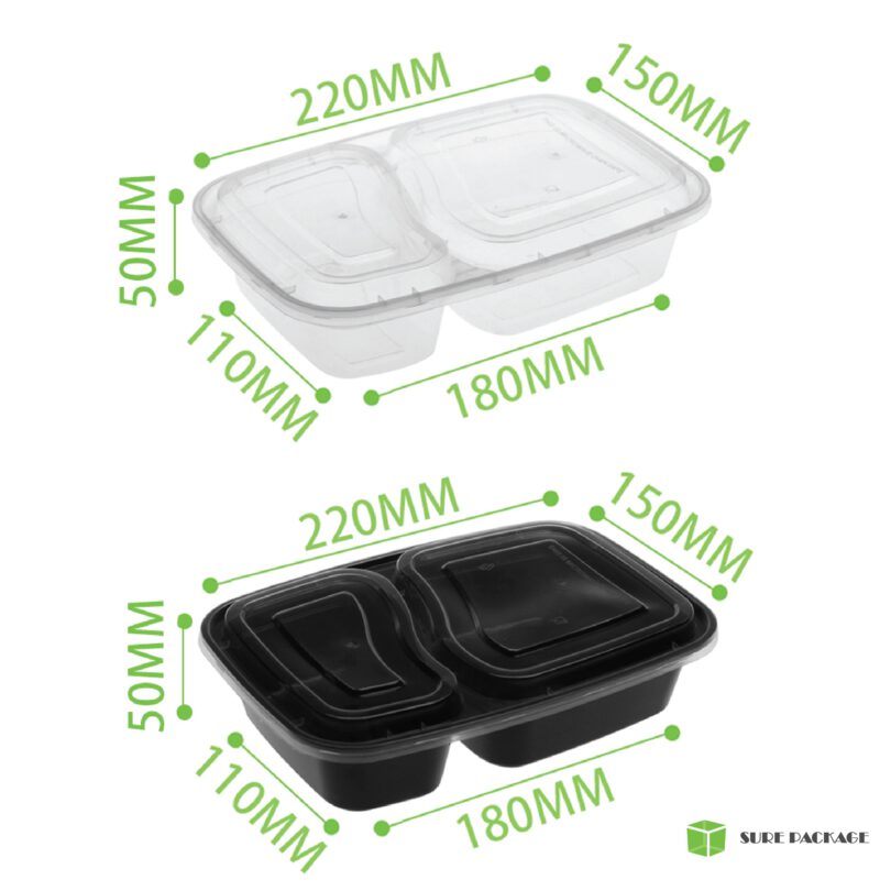 กล่องข้าวพลาสติก 2 ช่อง 1000ml - 2 กล่องข้าวพลาสติก
